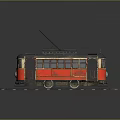 Red Electric Tram With Silver Roof Windows And Tracks On Dark Background