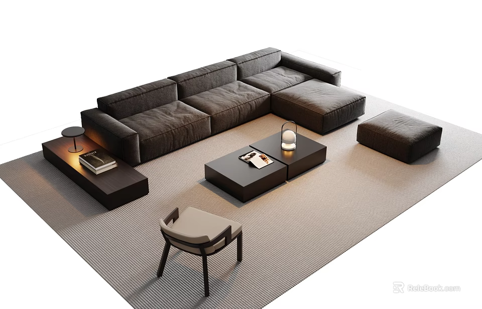 Modern L Shaped Sofa And Coffee Table Set With Side Table Ottoman And Accent Chair 3d model 