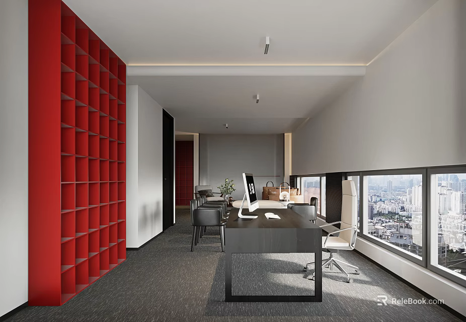 Modern Office Interior Design With Red Wall Desk Computer Chair And Large City View Windows 3d model 