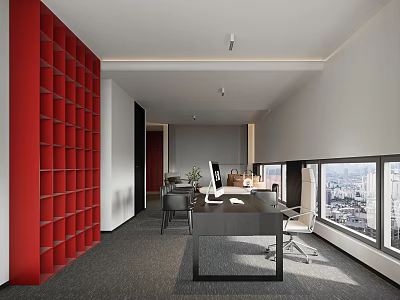 Modern Office Interior Design With Red Wall Desk Computer Chair And Large City View Windows 3d model