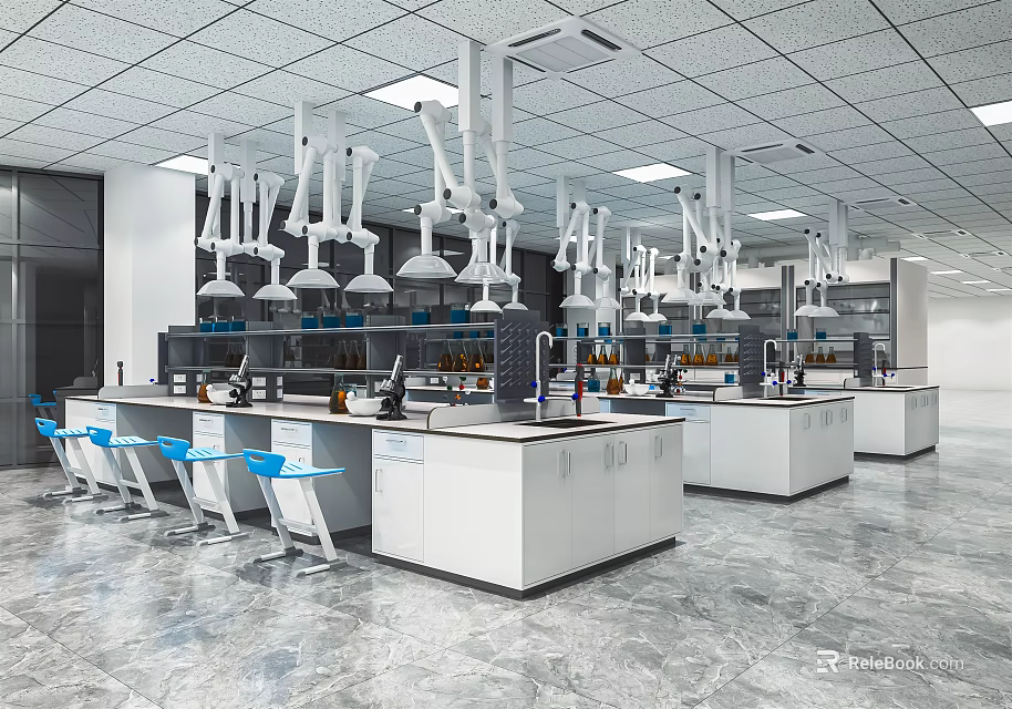 Modern Laboratory Interior Featuring White Benches Suspended Fume Hoods Blue Chairs And Scientific Equipment 3d model 