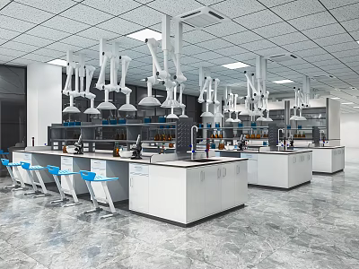 Modern Laboratory Interior Featuring White Benches Suspended Fume Hoods Blue Chairs And Scientific Equipment 3d model