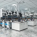 Modern Laboratory Interior Featuring White Benches Suspended Fume Hoods Blue Chairs And Scientific Equipment