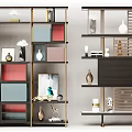 Modern Multi tiered Display Shelving Unit with Gold Metal Frame and Decorative Items 3d model