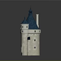 Cartoon Castle Scene with Blue Spire Roofs White Stone Walls and Wooden Door