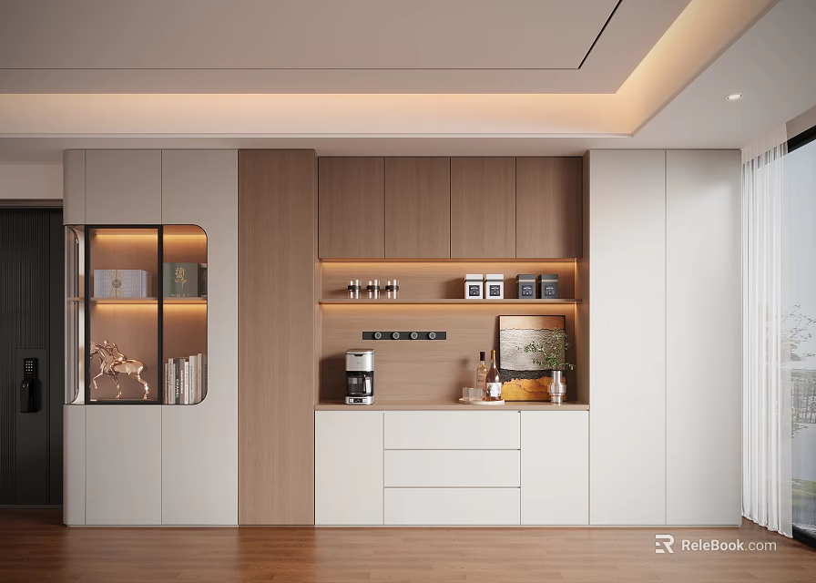 Modern Interior Decorative Cabinet With Wooden White Design Open Shelves Coffee Machine And Decorations 3d model 