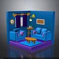 Living Room Interior With Blue Walls Blue Sofas Purple Rug Orange Coffee Table Clock Curtains