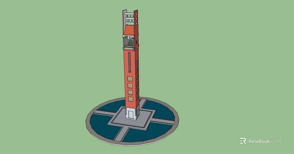Tall Red Tower With Multiple Levels And Circular Base Cross Design 3d model