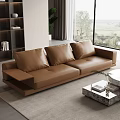 Brown Leather Three Seater Sofa With Marble Coffee Table And Large Window View 3d model