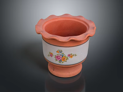 Terracotta Flower Pot With Scalloped Edge And Floral Pattern Garden Decor 3d model