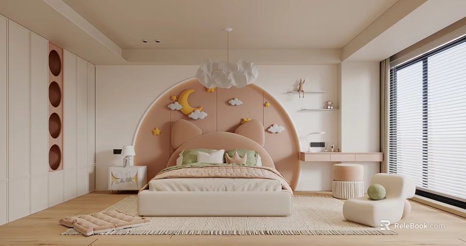 Light Pink Kids Room With Arch Headboard Cloud Moon Star Decor And Soft Rug 3d model 