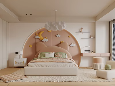Light Pink Kids Room With Arch Headboard Cloud Moon Star Decor And Soft Rug 3d model