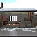 Traditional Northeast Chinese Cottage With Snow Covered Roof Hanging Decorations And Firewood Stack