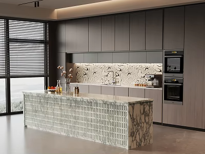 Modern Restaurant Kitchen With Dark Gray Cabinets Marble Island Patterned Backsplash And Built-in Appliances 3d model