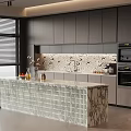 Modern Restaurant Kitchen With Dark Gray Cabinets Marble Island Patterned Backsplash And Built-in Appliances