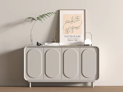 Gray Entryway Console Table with Oval Doors Adorned with Plant Framed Art Lamp and Books 3d model