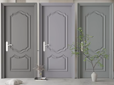 Elegant Gray Swing Doors With Carved Panel Design For Interior Home Decor And Potted Plant 3d model