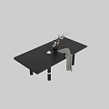 Black Dining Table With Spherical Legs Vase White Flowers And Gray Cloth