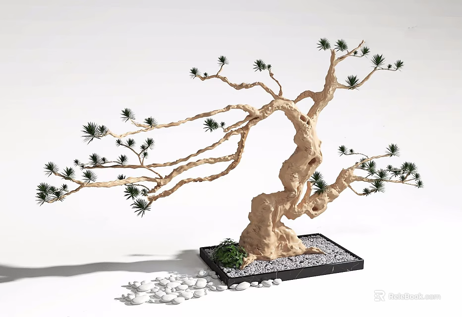Natural Decorative Ornament Set With Bonsai Brown Trunk Green Foliage Black Tray And White Pebbles 3d model 