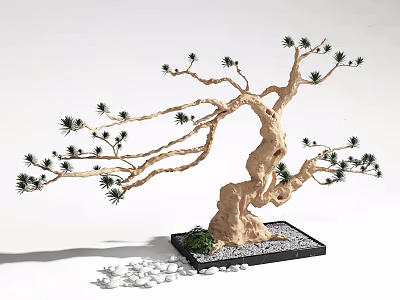 Natural Decorative Ornament Set With Bonsai Brown Trunk Green Foliage Black Tray And White Pebbles 3d model