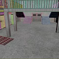 Cartoon Scene of Two Story Structure with Iron Railings Staircases Concrete Floor and Iron Doors