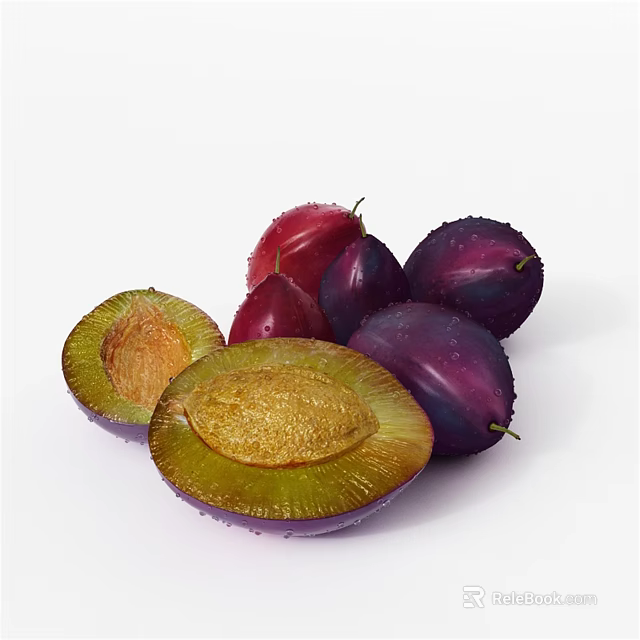 Fresh Ripe Purple And Red Plums With Sliced Halves Showing Juicy Flesh 3d model 