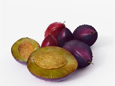 Fresh Ripe Purple And Red Plums With Sliced Halves Showing Juicy Flesh 3d model