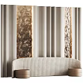 Stylish Curved Sofa With Round Stools And Textured Columns In Beige Curtain Interior