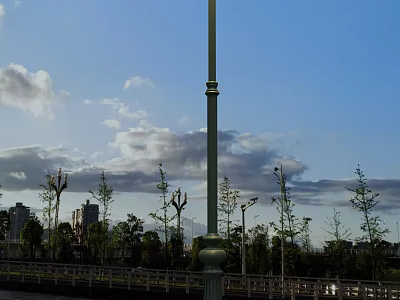 Outdoor Street Lamp Under Blue Sky With Clouds Trees Railings And Distant Buildings 3d model