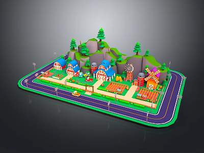 Modern 3D Cartoon Village Scenery With Colorful Buildings Windmill And Green Hills 3d model