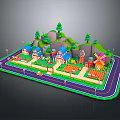 Modern 3D Cartoon Village Scenery With Colorful Buildings Windmill And Green Hills