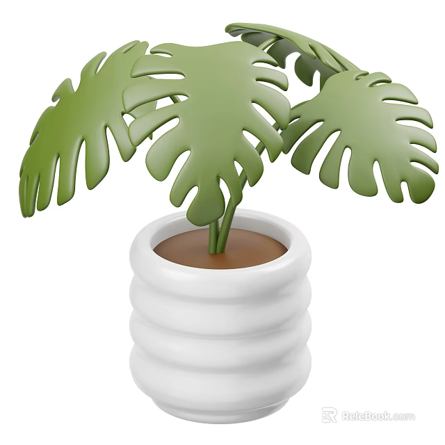 Green Monstera Leaves Potted Plant In White Spiral Patterned Pot With Brown Soil 3d model 