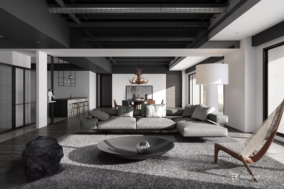 Modern Living and Dining Room Interior With Comfortable Sofa Dining Table Chandelier and Area Rug 3d model 
