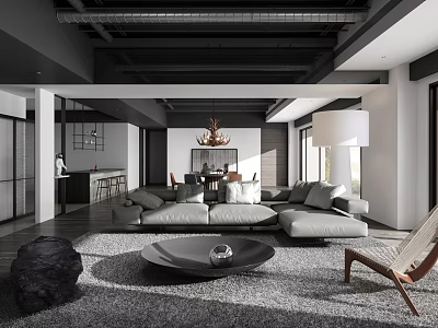 Modern Living and Dining Room Interior With Comfortable Sofa Dining Table Chandelier and Area Rug 3d model