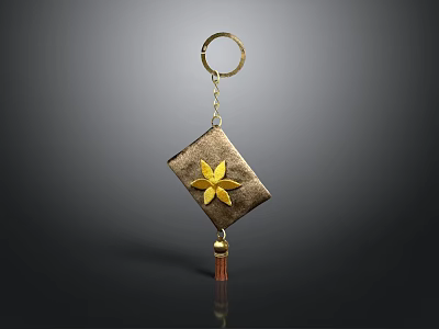 Square Shaped Decorative Keychain With Golden Flower And Tassel Hanging Ornament 3d model
