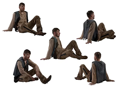 Man In Brown Pants And Gray Vest Showing Multiple Sitting Poses On White Background 3d model