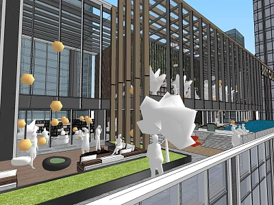 Modern Office Building With Glass Curtain Walls Outdoor Seating Green Lawn And Decorative Spheres 3d model