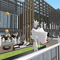 Modern Office Building With Glass Curtain Walls Outdoor Seating Green Lawn And Decorative Spheres