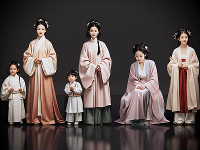 Multi-person 2D costume figure Song Dynasty mother and daughter costume mother and daughter costume family ancient family 3d model