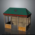 Small Open Wooden Kiosk Featuring Green Roof Red Trim Solar Panel and Orange Base