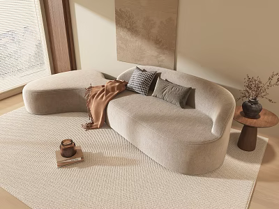 Beige Curved Double Sofa With Cushions Blanket And Side Table On Light Rug 3d model
