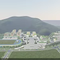 Modern School Buildings Surrounded By Green Hills With Sports Field And Campus Roads
