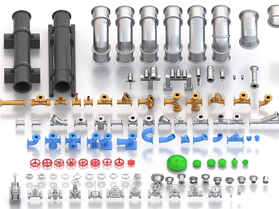 Various Pipe Fittings and Components Including Valves Connectors and Assorted Parts 3d model