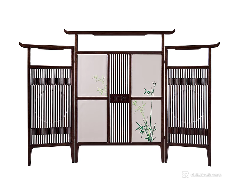 Traditional Chinese Wooden Screen With Bamboo Pattern And Slatted Panel Design 3d model