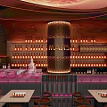 Futuristic Bar Interior With Red Lighting Circular Decorations And Astronaut Decor