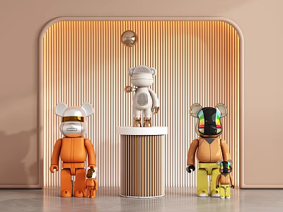 Contemporary Sculptures Featuring Orange White Brown Figures On Cylindrical Pedestal And Vertical Striped Wall 3d model