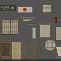Japanese Traditional Decorative Elements Including Sliding Doors Wooden Screens And Signboards