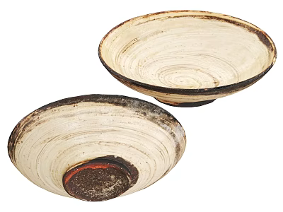 Two Handmade Ceramic Bowls With Cream White Surface Brown Rim And Red Base 3d model