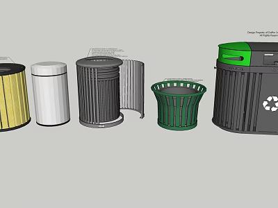 Public Facilities Including Various Colored Trash Bins With Different Designs And Recycling Features 3d model