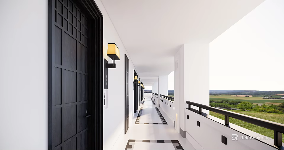 Hotel Corridor Featuring Black Doors Yellow Lamps White Walls Black White Checkered Floor Tiles 3d model 
